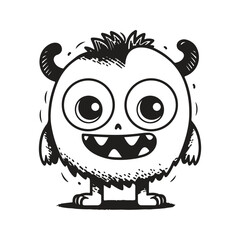 Wall Mural - cute little cartoon monster, vintage logo line art concept black and white color, hand drawn illustration
