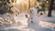 little cute snowman in the snow in the garden in sunlight daylight in winter. Generative AI