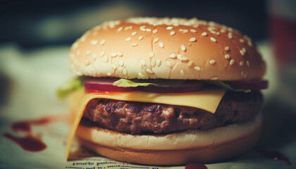 Sticker - Juicy grilled cheeseburger with fresh tomato, a classic American meal generated by AI