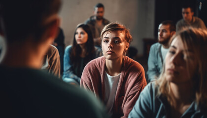 Wall Mural - A large group of smiling young adults in a seminar generated by AI