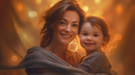 Wall Mural - adult woman with a smile with her dauhter, girl, snuggled up cozy in bed, mother's love. Generative AI