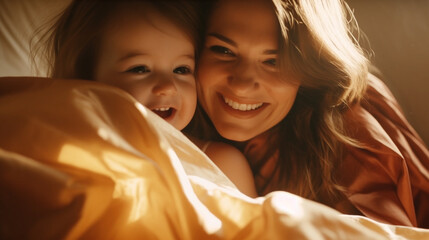 Wall Mural - adult woman with a smile with her son, boy, snuggled up cozy in bed, mother's love. Generative AI