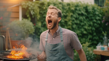 adult man burns his fingers while grilling, fire and flames over the grating of the grill, flash of flame or clumsy, burns and dangers when grilling in the garden. Generative AI