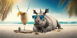 rhino is on summer vacation at seaside resort and relaxing on summer beach Generative AI
