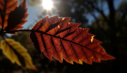 Sticker - Vibrant autumn foliage on maple tree, back lit by sunlight generated by AI