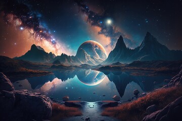 Wall Mural - landscape with galaxy background with fantasy night starry sky. distinct generative ai image.