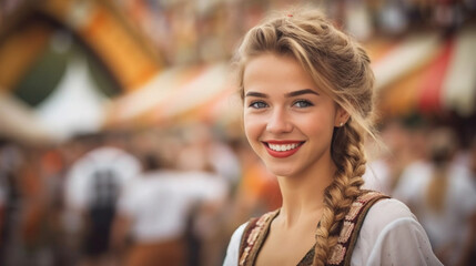 young adult woman wears dirndl dress at the oktoberfest or city festival or folk festival, joyful smile, anticipation and fun