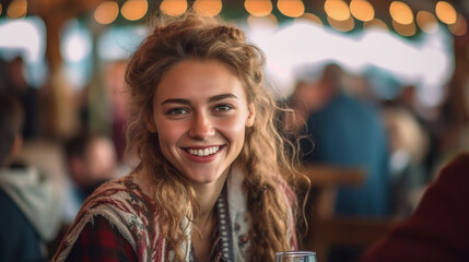 Wall Mural - young adult woman wears dirndl dress at the oktoberfest or city festival or folk festival, joyful smile, anticipation and fun