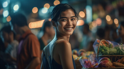 young adult woman is a vendor in a night market, night market food, street stall vendor, local people