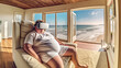 escape from reality to a beach and the ocean, a fictional person in a fictional place, an overweight woman sits in her armchair at home and wears VR glasses while sticking out her fat belly