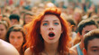 astonished young adult woman with red hair in a crowd crowd of people, summer sun, open mouth, fictional event