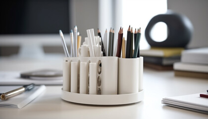 Sticker - Modern office desk with selective focus on metal equipment stack generated by AI