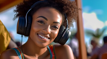 Wall Mural - young adult woman lying on sun lounger on the sandy beach with a smile on her face, summer vacation, under umbrella by the sea, headphones for listening to music or podcast, fictional location