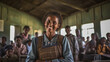 mature adult woman with dark skin in old wooden hut with many people in the background, teacher or orphanage or other fictitious