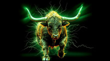 green bitcoin btc bull with energy flashes, running, big horns