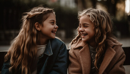 Two cute sisters embracing outdoors, enjoying autumn warmth and togetherness generated by AI