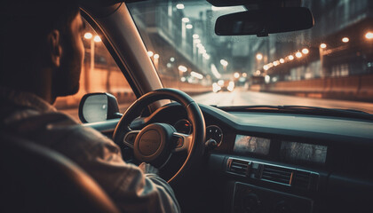 Driving through city life at dusk, holding the steering wheel generated by AI