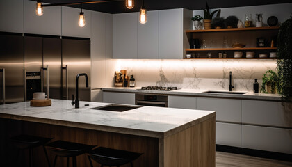 Sticker - Modern luxury kitchen with stainless steel appliances and marble countertops generated by AI