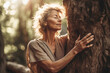 © Trinette Reed - Senior woman forest bathing hugging a tree in nature. Generative AI.