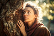 © Trinette Reed - Woman connecting with nature while forest bathing with tree.  Generative AI.