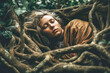 © Trinette Reed - Woman sleeping entwined in tree roots in forest in nature. Generative AI.