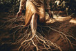 © Trinette Reed - Woman legs in forest turning into tree roots grounded to earth. Generative AI.