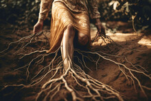Woman Legs In Forest Turning Into Tree Roots Grounded To Earth. Generative AI.