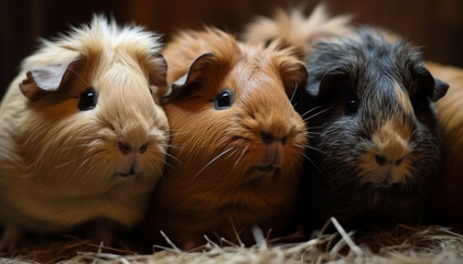 Canvas Print - Three fluffy guinea pigs in a row on yellow hay generated by AI