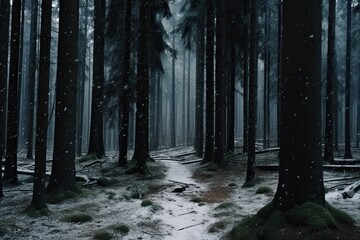 Canvas Print - snow-covered forest path with trees on both sides Generative AI