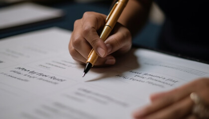 Sticker - Successful businessman signing contract with ballpoint pen at office table generated by AI