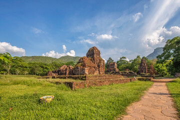 Wall Mural - MY SON SANCTUARY IS A LARGE COMPLEX OF RELIGIOUS RELICS COMPRISES CHAM ARCHITECTURAL WORKS. A UNESCO WORLD HERITAGE SITE IN QUANG NAM, VIETNAM. LOCATED ABOUT 30 KM WEST OF HOI AN ANCIENT TOWN.