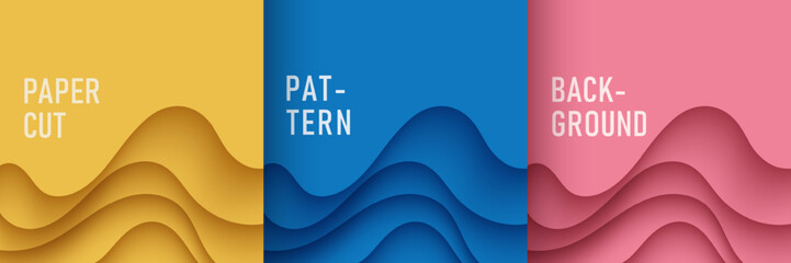 Wall Mural - set of abstract layers curly wavy papercut in yellow, pink and blue background. simple flat minimal 