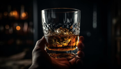 Canvas Print - A hand holding a whiskey glass, enjoying the night elegance generated by AI