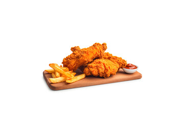 Wall Mural - Crispy delicious fried chicken and french fries with sauce on a rectangular wooden board isolated on white background. Created with Generative AI Technology