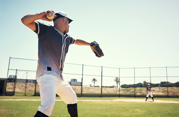 Pitch, sports and training with man on baseball field for competition, performance and games. Action, exercise and championship with athlete throwing in stadium park for fitness, practice and club