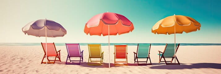 Summer beach landscape. Colorful beach chairs and umbrellas by the ocean shore.