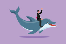 Cartoon Flat Style Drawing Businessman Riding Dolphin Symbol Of Success. Business Metaphor, Looking At The Goal, Achievement, Leadership. Professional Entrepreneur. Graphic Design Vector Illustration
