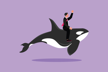 Wall Mural - Graphic flat design drawing brave businessman riding huge dangerous orca. Professional entrepreneur character fight with predator. Successful business man metaphor. Cartoon style vector illustration