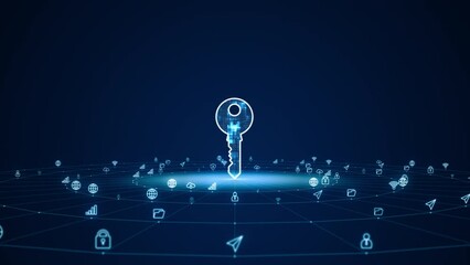 Wall Mural - motion graphic of blue digital security key logo with futuristic technology icon and line connection