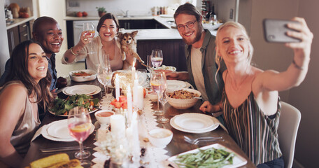 Sticker - Diversity, dining table and friends taking a selfie at dinner, party or event at a modern home. Happy, smile and young people taking a picture together while eating a lunch meal with wine in a house.