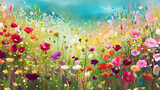 Fototapeta Kwiaty - Colorful abstract flower meadow as panorama background.