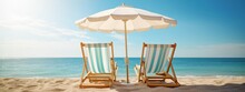 Landscape Summer Vacation Holiday Travel Ocean Sea Beach Background Banner Panorama - Wooden Sun Loungers, Lounge Chair And Parasol On The Sand, Blue Sky And Sunshine (Generative Ai)