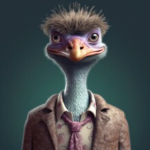 3D Cartoon Ostrich Portrait Wearing Clothes, Standing In Front, Studio Lights, Generative Ai