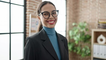 Sticker - Young beautiful hispanic woman business worker smiling confident at office