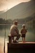 Grandfather and grandson fishing in a lake. generate by ai