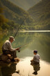 Grandfather and grandson fishing in a lake. generate by ai
