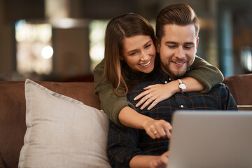 Poster - Relax, laptop and social media with a couple on a sofa in the living room of their home together. Computer, web or internet with a man and woman hugging while bonding in their house on the weekend