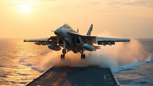 Military Aircraft Carrier Ship With Fighter Jets Take Off During A Special Operation At Airforce Support With Generative AI Technology.