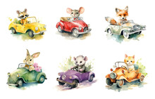 Set Of Cute Watercolor Forest Animals On Cars. Rabbit, Badger, Raccoon, Mouse, Fox, Cat On White Background. Yellow, Orange, Red, Gray, Green, Purple Convertible. Generated By AI.