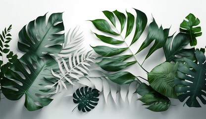  Topical Green Leafs set in solid white background .Generative AI.